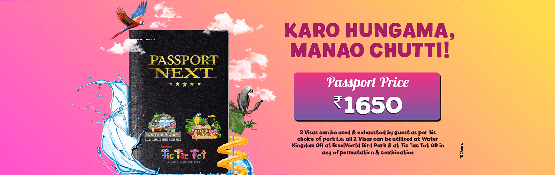 A banner for the Karo Hungama Manao Chutti offer at Water Kingdom, with an image of a passport, and the price and terms and conditions mentioned in the text